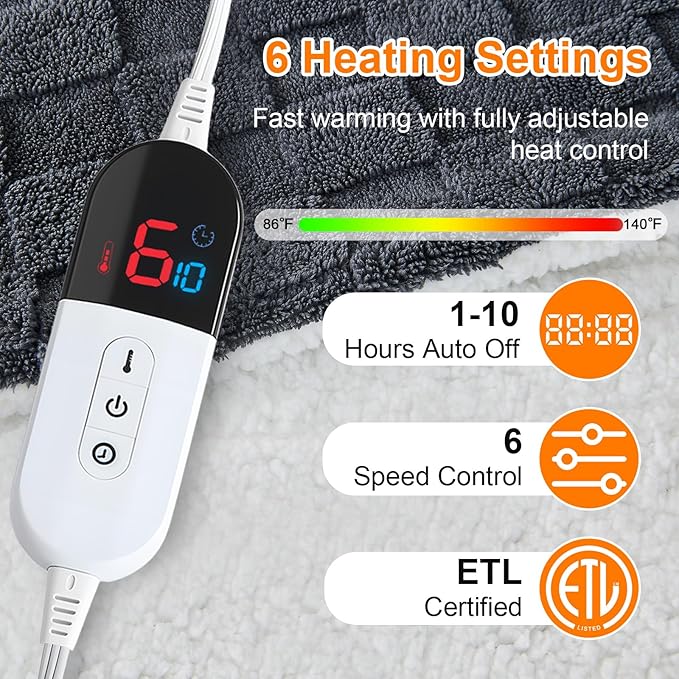 Electric Heated Blanket Full Size - Jacquard Checkered Sherpa 72"x84" Fast Heating Bed Blankets with 6 Heating Levels & 10 Hours Auto Off, Over-Heat Protection ETL, Dark Gray