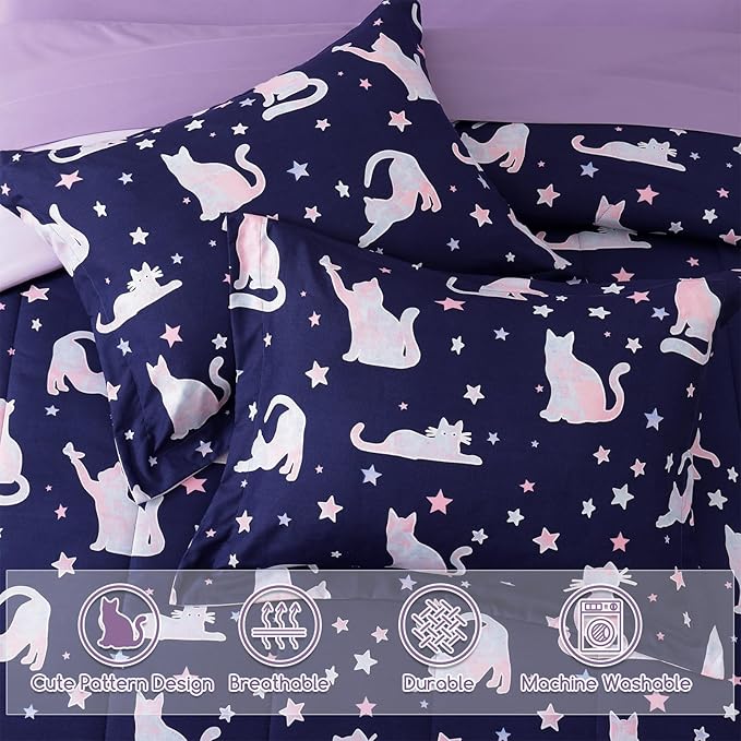 Twin Comforter Set for Girls-5 Pieces Cute Cat Twin Bedding Sets for Kids, Ultra Soft Bed in A Bag with Sheets