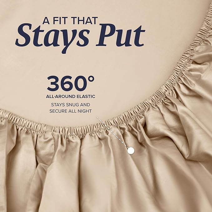 Beckham Hotel Collection Full Sheet Set 100% Cotton, 500TC Luxury Sateen Bedding, 16” Deep Pocket, Moisture-Wicking, 4-Piece, Sand