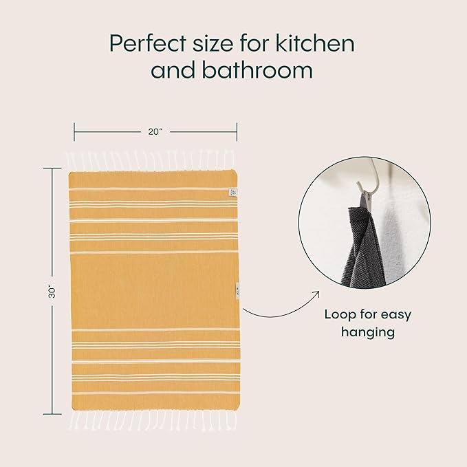 WETCAT Turkish Hand Towels with Hanging Loop, Set of 2 (20" x 30") 100% Turkish Cotton, Pre-Washed, Quick Drying, for Kitchen or Bathroom - Honey Gold