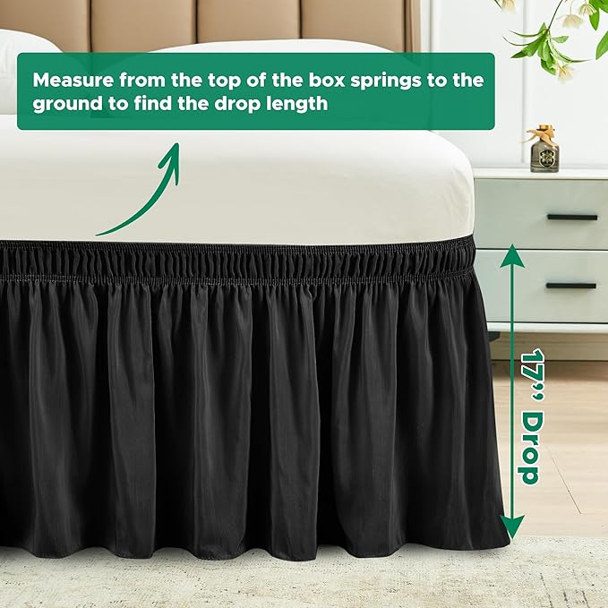 Biscaynebay Wrap Around Bed Skirts for Queen Beds 17" Long Drop, Black Adjustable Elastic Dust Ruffles Easy Fit Wrinkle & Fade Resistant Silky Luxurious Fabric Solid Machine Washable