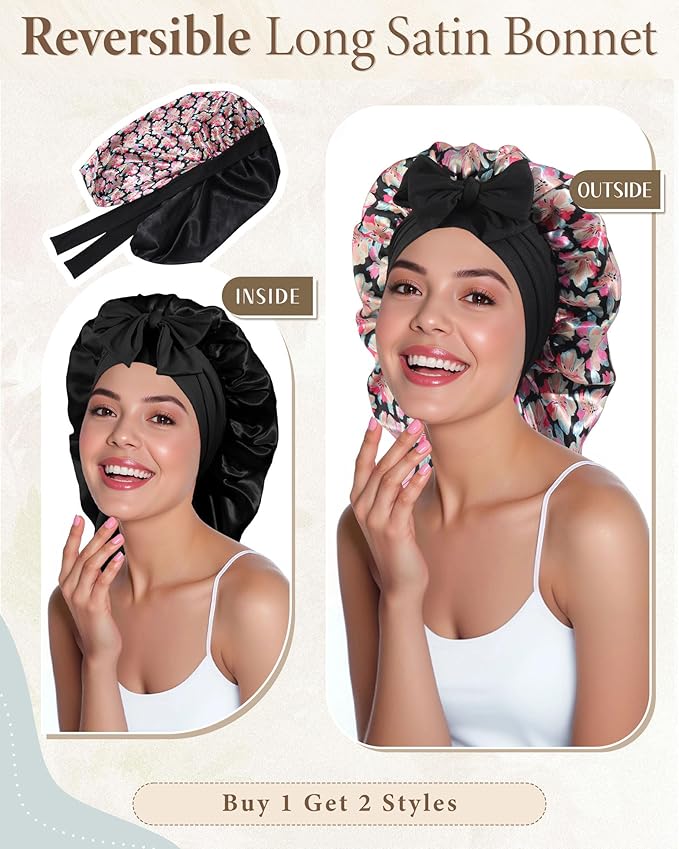AWAYTR Long Satin Bonnet for Sleeping, Reversible Double Layer Hair Bonnet with Elastic Tie Band (Ink Floral Print+Black)