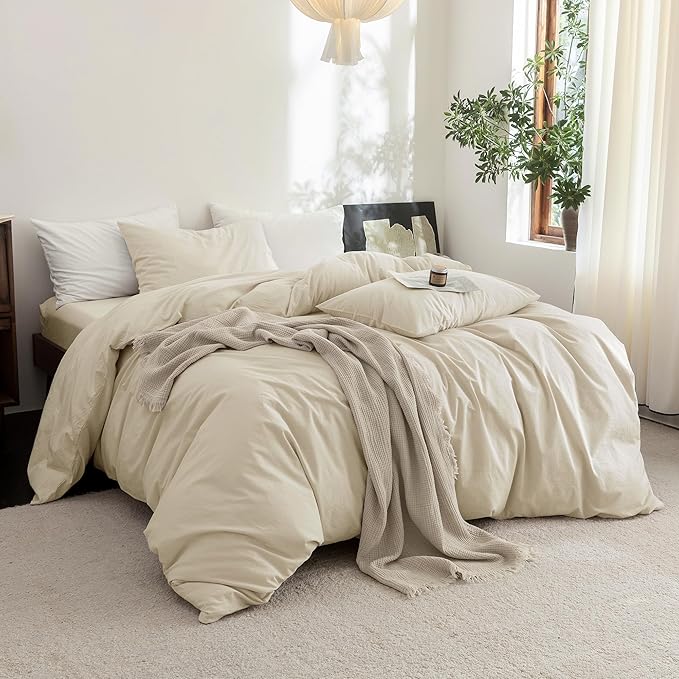 FOSSA Duvet Cover Set 100% Washed Cotton Linen Feel Super Soft Breathable Cozy 3 Pieces Bedding Sets Solid Almond Grey Twin