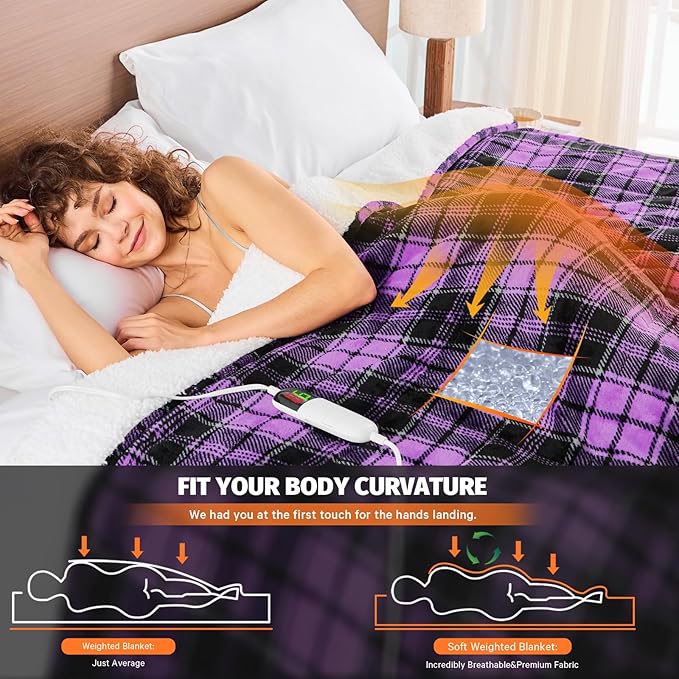 Purple Heated Weighted Blanket for Adults 20Lbs Queen Size 60"x80", 2-in-1 Electric Heating Pad Lap Heavy Blanket for 190-210lbs for Bed, 10 Level 8H Auto Off, Cozy Birthday Gifts for Women Mom Senior