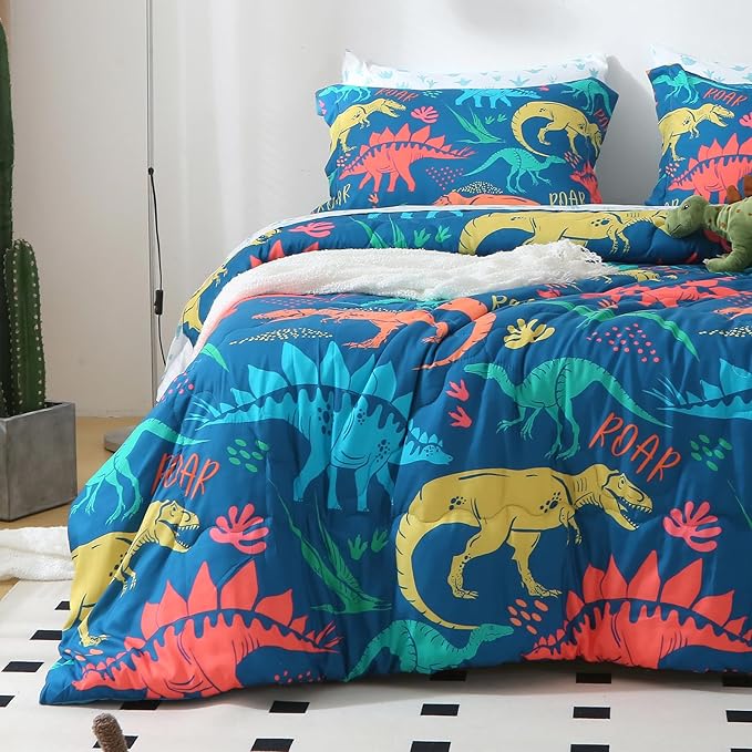 Wajade Boys Dinosaur Comforter Set Bed in A Bag Queen Size 7 Piece 3D Blue Dinosaur Print Bedding Set for Kids Teens(1 Comforter, 1 Flat Sheet, 1 Fitted Sheet, 2 Pillowcase and 2 Pillow Sham)