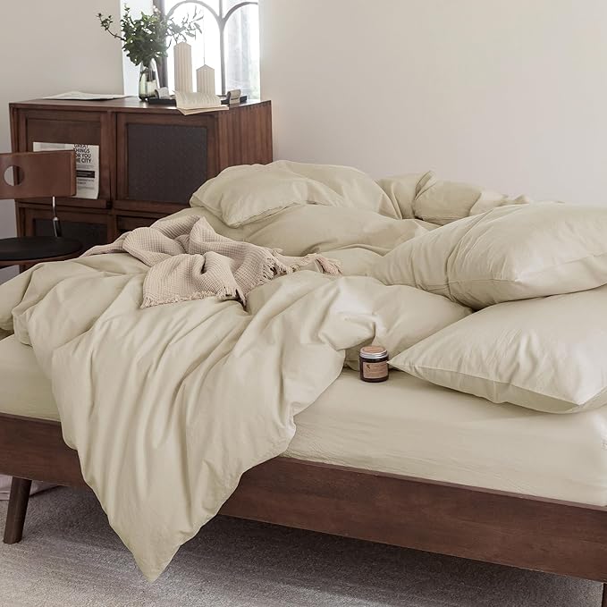 FOSSA Duvet Cover Set 100% Washed Cotton Linen Feel Super Soft Breathable Cozy 3 Pieces Bedding Sets Solid Almond Grey Super Queen