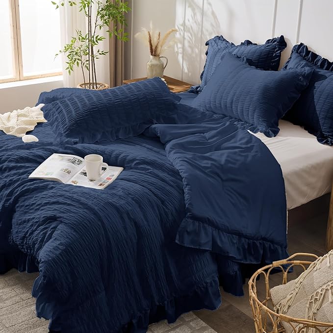 JOLLYVOGUE Navy Blue Comforter Full Size, 3 Pieces Seersucker Lightweight Full Size Bedding, All Season Fluffy Microfiber Bedding Comforter Set with 1 Ruffle Comforter and 2 Ruffle Pillowshams