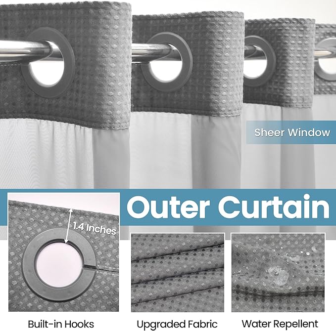 Stall No Hook Shower Curtain with Snap in Liner,230GSM Waffle Weave Shower Curtains for Bathroom,60W x 74H,Grey