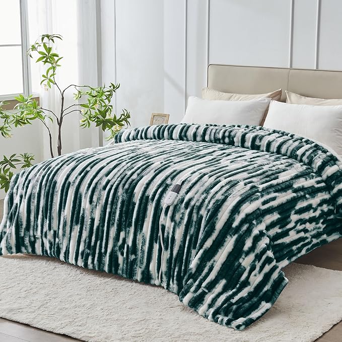 Heated Blanket Twin - 62"x84" Fast Heating Bed Electric Blankets with 6 Heating Levels & 10 Hours Auto Off, Soft Ribbed Faux Fur Sherpa, Over-Heated Protection ETL, Dark Green