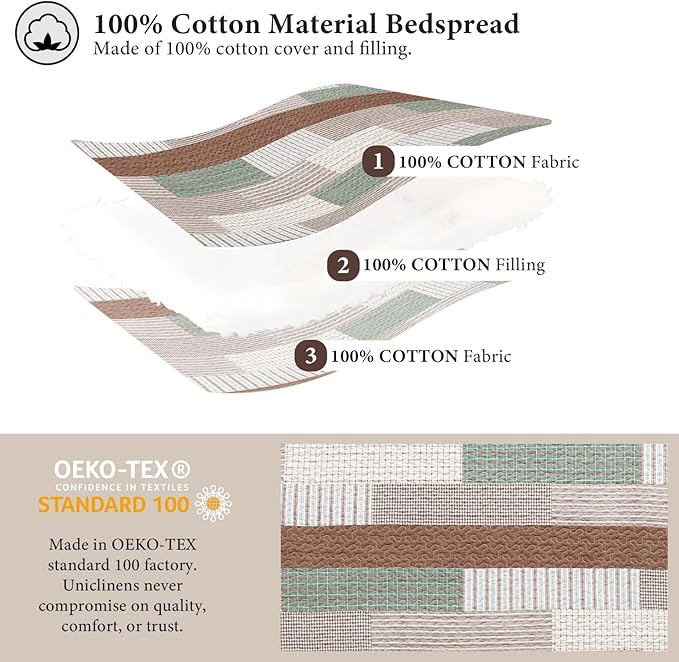 Uniclinens Plaid Quilt King Size, 100% Cotton Patchwork Quilt Bedding Set, Brown Lightweight Farmhouse Bedspread/Coverlet/Comforter Set, 3 Pieces Set with 2 Pillowshams, Brown/Green/Cream