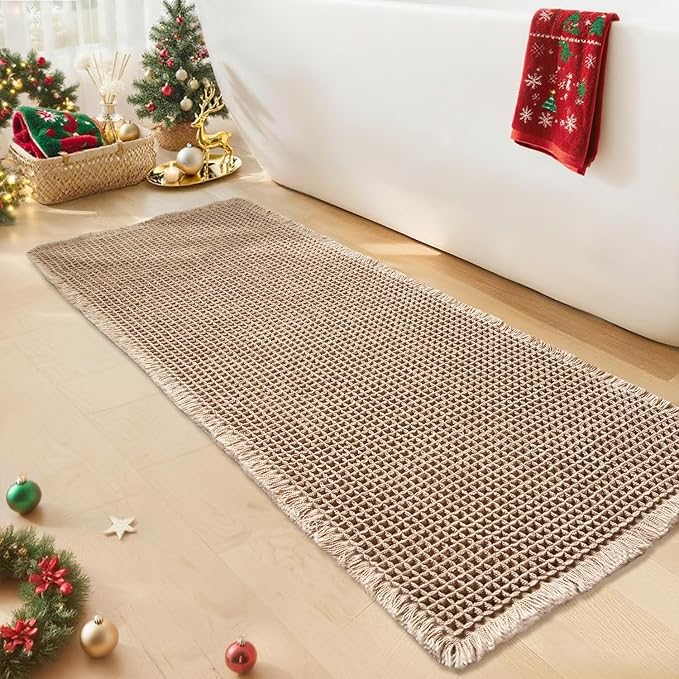 Waffle Runner Bath Mat - Long Boho Bathroom Rugs Non Slip Washable, Super Absorbent & Quick Dry, Soft Bath Mat Farmhouse Bathroom Decor, 24'' x 72'', Khaki
