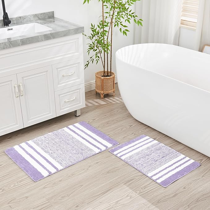 CozeCube Bath mats for Bathroom Non Slip, Fluffy Absorbent Microfiber Bath mat Washable, Aesthetic Bathroom Rugs, Large Purple Striped Bath mat, Lavender, 36" x 24"