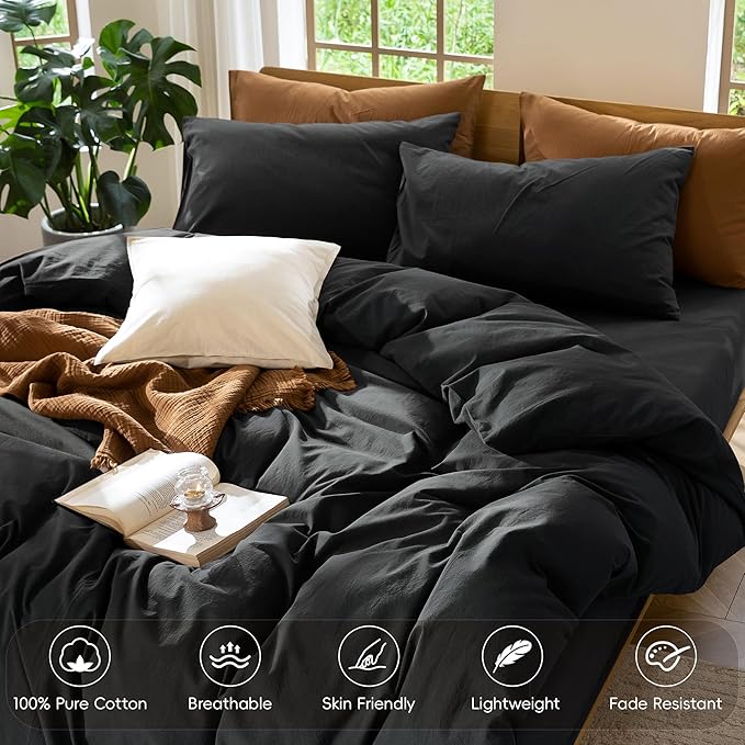 MooMee Bedding Duvet Cover Set 100% Washed Cotton Linen Like Textured Breathable Durable Soft Comfy (Solid Black, Oversized Queen 98"x98")