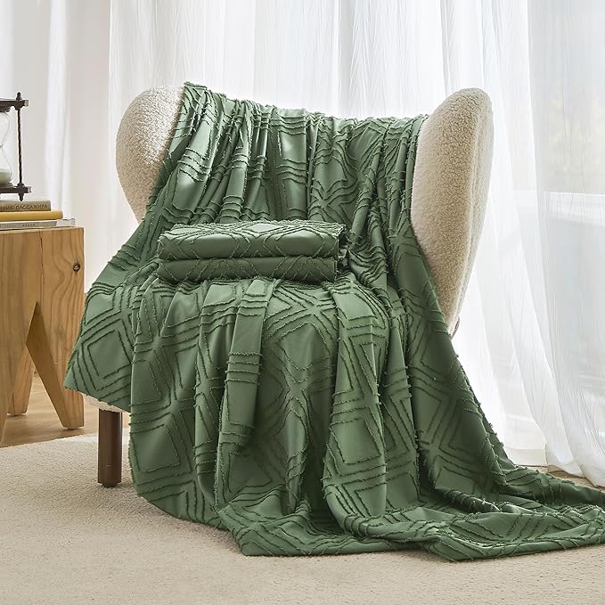 JELLYMONI Duvet Cover Queen Size Green - 3PCS Boho Duvet Cover Set Plaid Polyester Tufted Bohemian Jacquard Knit Textured Comforter Cover 90×90in Rhombic Geometric Pattern Zipper Corner Tie