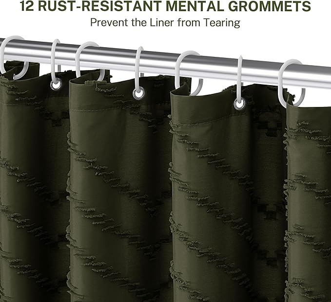 Extra Long Olive Green Boho Shower Curtain with Tassel, Woven Fabric 84 in Shower Curtain, Tufted Chevron Striped, 72 x 84, Modern Chic Textured Minimalist Bathroom Shower
