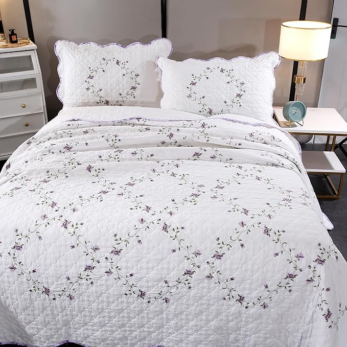 Quilt Set Purple Floral 3D Embroidery Pattern 2 PCS 100% Cotton Reversible Quilted Embroidered Decorative Bedspreads Coverlet Set, Lightweight &Soft Twin Size White Bedding Coverlet for All Season