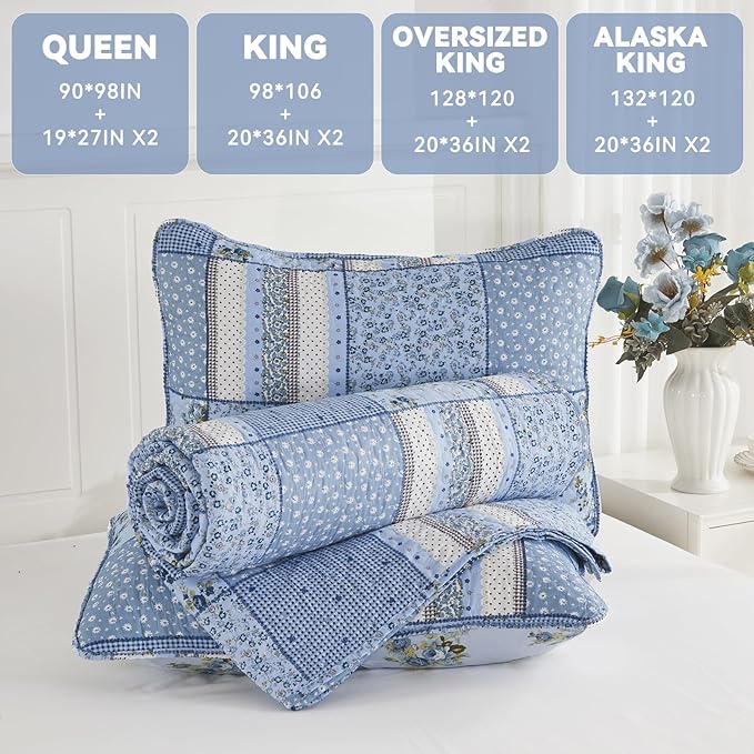 ENJOHOS Blue Plaid Floral Quilt Set King Size 98"x106", 3 Pcs Boho Bedspread Coverlet Set for All Season, Patchwork Reversible Bedding Set King