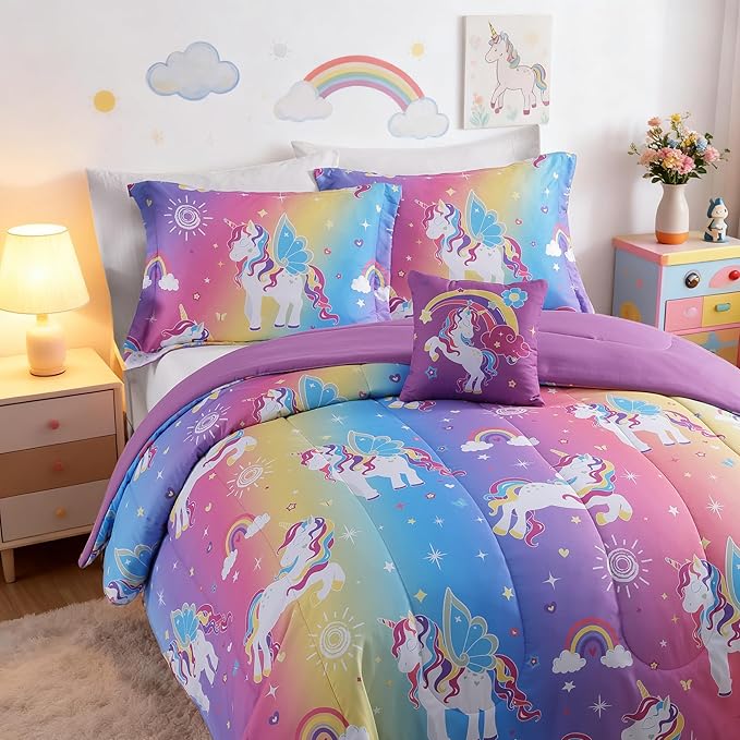 Full Size Comforter Set for Girls-4 Pieces Rainbow Unicorn Patterns Full Bedding Set with 1 Comforter, 1 Decor Pillow &2 Pillow Shams