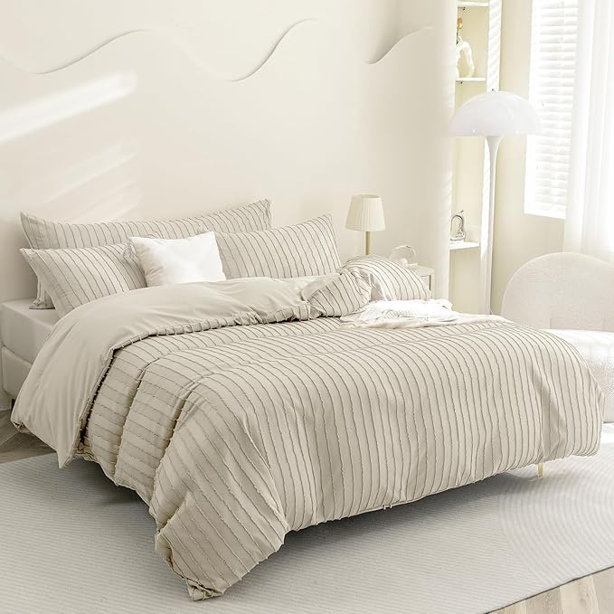 JELLYMONI Duvet Cover Super King Size Light Khaki - 3PCS Boho Striped Duvet Cover Set Polyester Tufted Bohemian Textured Comforter Cover 116×98in with Corner Ties & Zipper and 2 Pillowcases