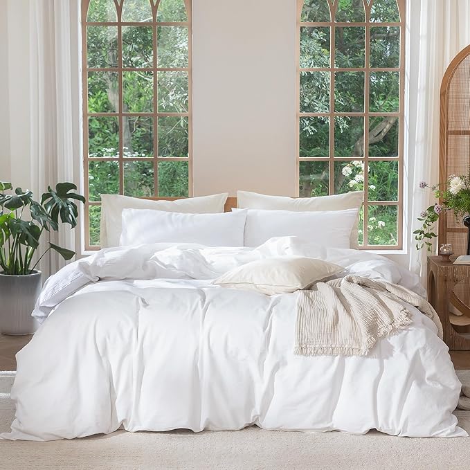 MooMee Bedding Duvet Cover Set 100% Washed Cotton Linen Like Textured Breathable Durable Soft Comfy (Solid Bright White, Queen 90"x90")