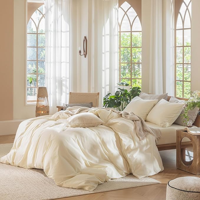 MooMee Bedding Duvet Cover Set 100% Washed Cotton Linen Like Textured Breathable Durable Soft Comfy (Solid Cream White, Oversized King Plus 128"x120")