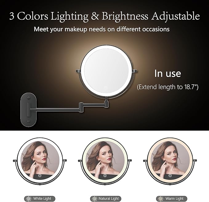 Rechargeable Wall Mounted Lighted Makeup Vanity Mirror 8 Inch Double Sided 1X 10X Magnifying Bathroom Mirror, 3 Color Lighting, Touch Screen Dimming, 360 Rotation Shaving Mirror