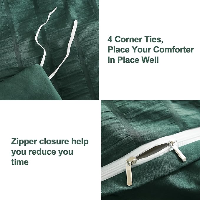 AveLom Dark Green Seersucker Duvet Cover Set Queen Size (90 x 90 inches), 3 Pieces (1 Duvet Cover + 2 Pillow Cases), Ultra Soft Washed Microfiber, Textured Duvet Cover with Zipper Closure, Corner Ties