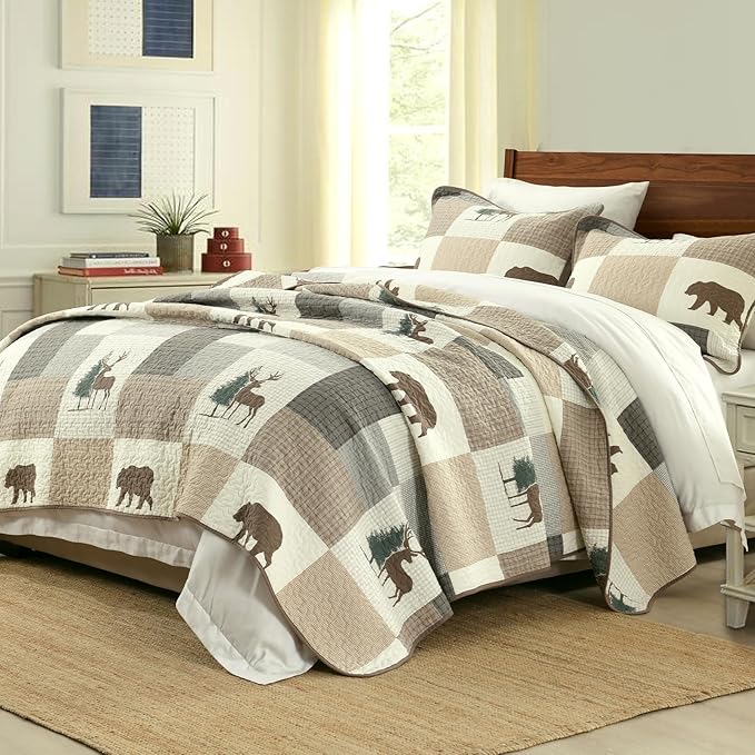 Uniclinens Plaid Quilt Set King Size, 100% Cotton Patchwork Quilts, Brown Farmhouse Lightweight Quilted Comforter, Soft Rustic Bedspread, 3 Pieces Set with 2 Pillowshams, Beige/Brown/Gray