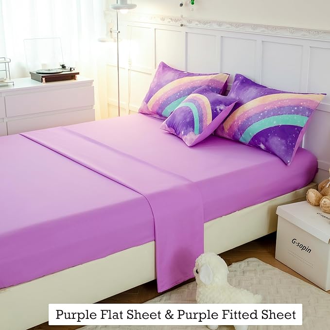ANGIYUIN Deep Purple Rainbow Kids Comforter Set Twin 6 Pieces Gradient Glitter Bedding for Girls 3D Galaxy Nebula Bed Set with Sheets for All Season