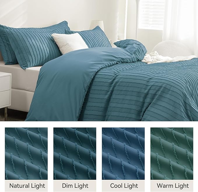 JELLYMONI Duvet Cover Twin Size Grayish Blue - 3PCS Boho Striped Duvet Cover Set Polyester Tufted Bohemian Textured Comforter Cover 68×90in with Corner Ties & Zipper and 2 Pillowcases