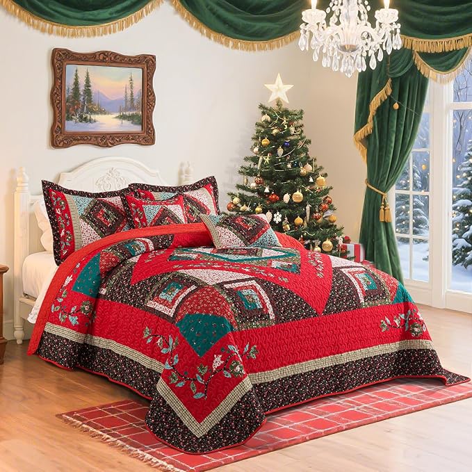 BEDIFANY Christmas King Size Quilt Set - Cotton Bedspreads King for Bed - Lightweight Farmhouse King Quilt Bedding Sets for All Seasons, 3 Pieces