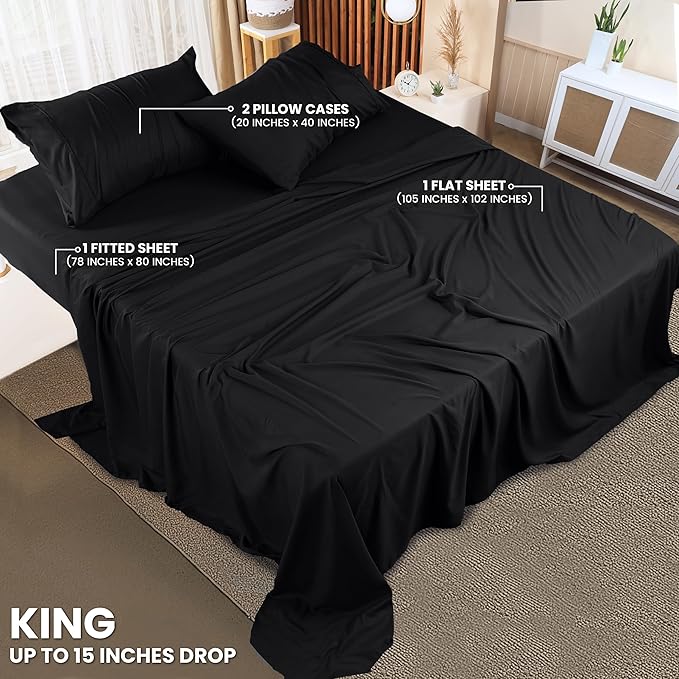 Utopia Bedding King Sheet Set – 4 Piece Bed Sheets for King Size Bed, Soft and Breathable Microfiber, Includes 1 Fitted Sheet, 1 Flat Sheet and 2 Pillowcases (Black)