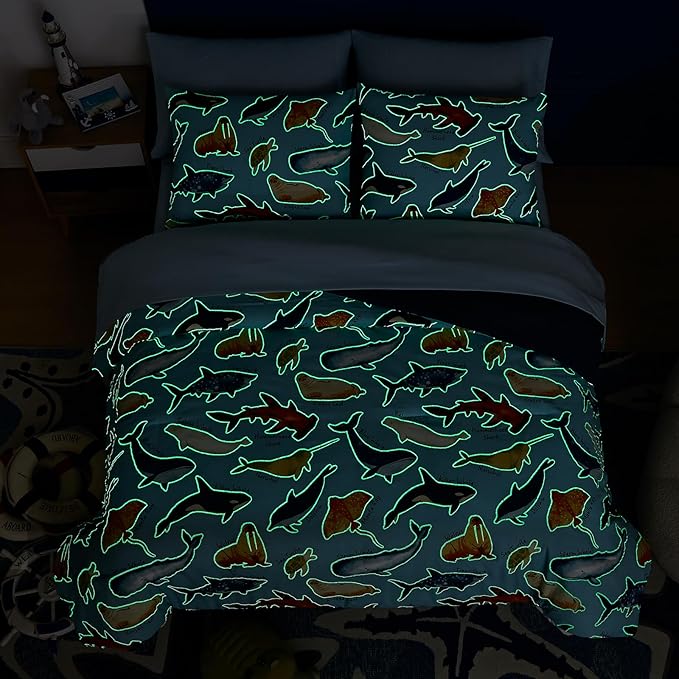 Full Size Comforter Set for Boys-7 Pieces Ocean Animals Glow in The Dark Full Bedding Sets for Kids, Ultra Soft Bed in A Bag with Sheets