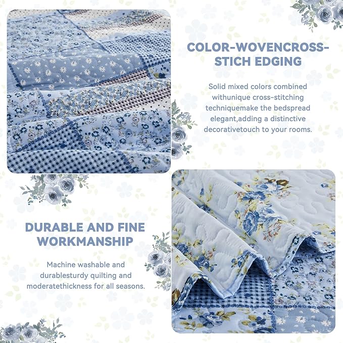 ENJOHOS Blue Plaid Floral Quilt Set King Size 98"x106", 3 Pcs Boho Bedspread Coverlet Set for All Season, Patchwork Reversible Bedding Set King