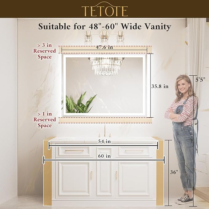 TETOTE 48 x 36 Inch Led Lighted Bathroom Mirror with Lights, Beveled Front and Backlit Extra-Bright Light up Mirror for Bathroom Wall, 3-Color Dimmable, Defogging, Tempered Glass, Waterproof