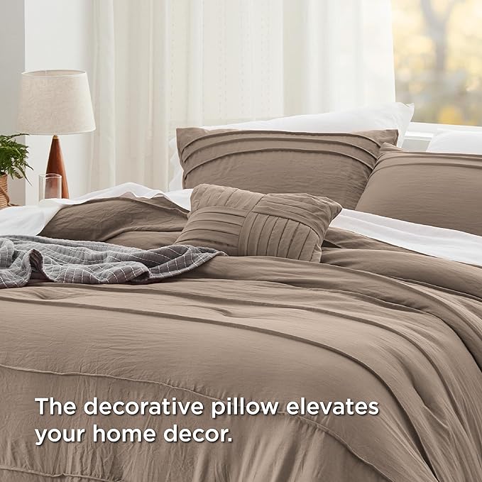 Bedsure Twin Comforter Set - 3 Pieces Pinch Pleat Bed Set, Brown Boho Bedding for All Season, 1 Soft Comforter, 1 Pillowcase, 1 Decorative Pillow