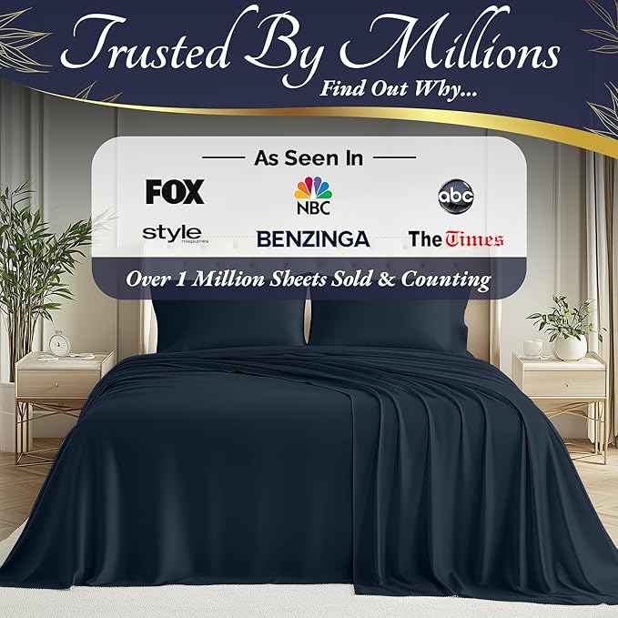 DECOLURE 100% Viscose Derived from Bamboo Sheets King Size 4pcs - Ultra Soft & Luxuriously Cooling, 17" Deep Pocket, Double Stitching, Perfect for Hot Sleepers - King Bed Sheets (Navy Blue)