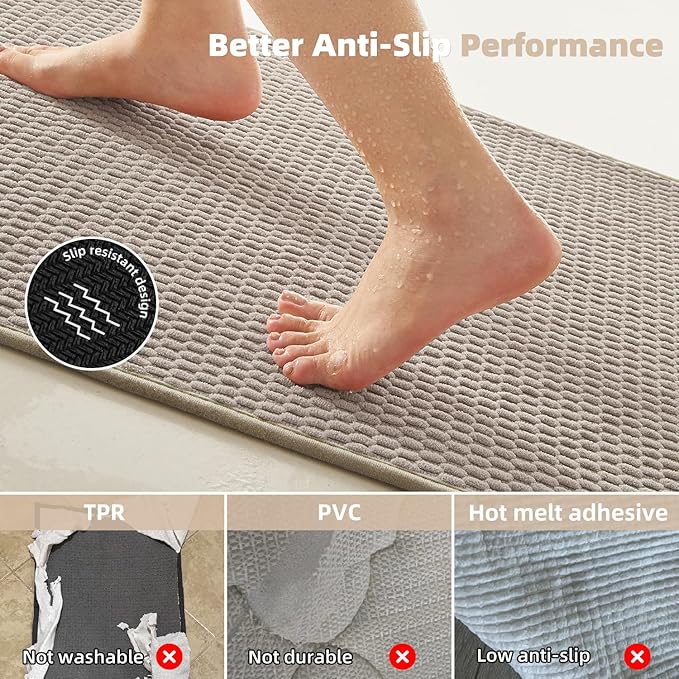 Bathroom Runner Rugs, Long Bath Mat Runner Washable Thin Quick Dry Low Pile Bathroom Runner Rugs Non Slip, Beige 16"x60"