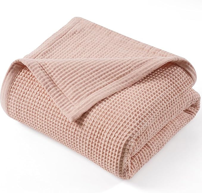 PHF 100% Cotton Waffle & Muslin Blanket Twin Size, Soft Breathable Luxury 400GSM Versatile Reversible Bedding for Bed, Great for Layering in Cold Weather, Home Decor Gift, 66" x 90", Rose Smoke