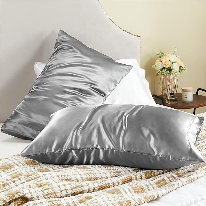 BEDELITE Satin Pillowcase for Hair and Skin, Super Soft and Cooling Similar to Silk Pillow Cases 2 Pack with Envelope Closure, Gift for Women Men(20"x40" King Size, Grey)
