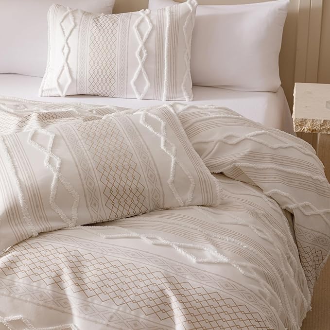 KAREVER Ivory Boho Comforter Set Twin Mixed Textures Jacquard Bedding Set Durable Chic and Stylish Bedroom Set