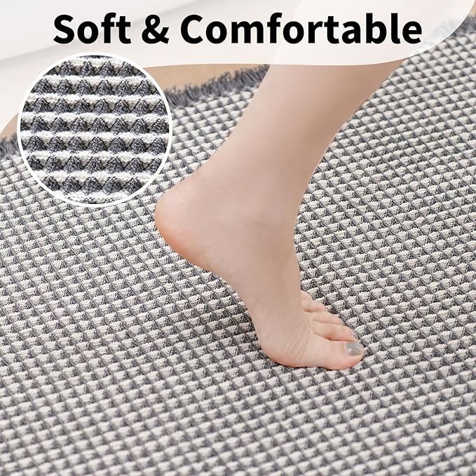 Waffle Bath Mat - Boho Bathroom Rugs Non Slip Washable, Super Absorbent & Quick Dry, Soft Bath Mat Farmhouse Bathroom Decor, 20'' x 48'', Dark Grey and White