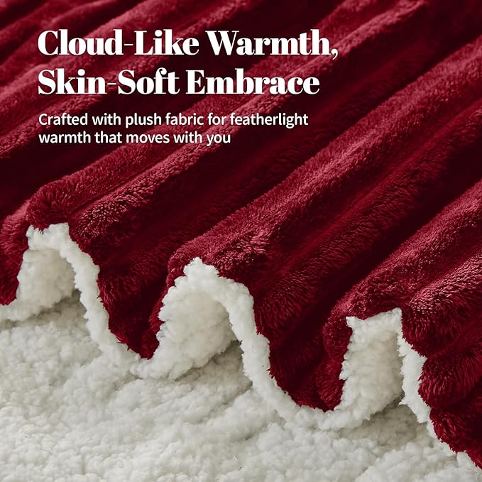 Electric Heated Blanket Twin Size - 62"x84" Fast Heating Bed Blankets with 6 Heating Levels & 10 Hours Auto Off, Soft Ribbed Flannel Sherpa, Over-Heated Protection ETL, Red
