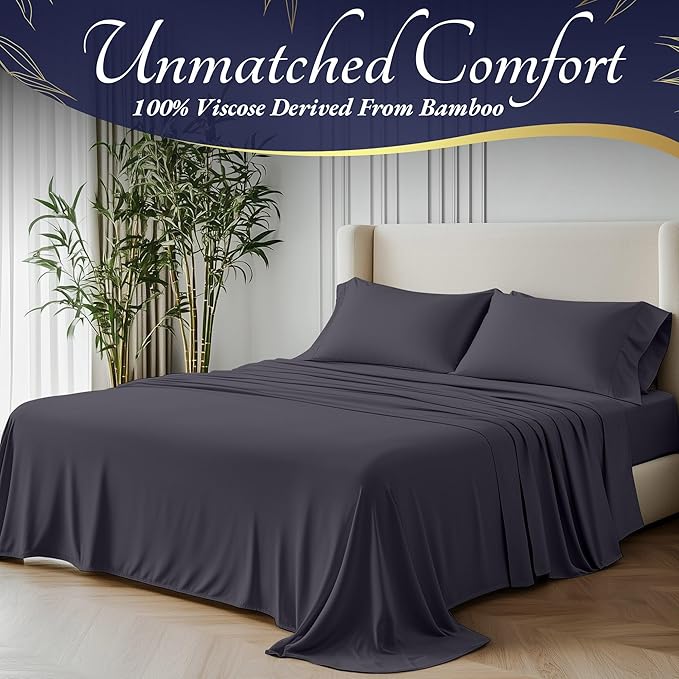 DECOLURE 100% Viscose Derived from Bamboo Sheets King Size 4pcs - Ultra Soft & Luxuriously Cooling, 17" Deep Pocket, Double Stitching, Perfect for Hot Sleepers - King Bed Sheets (Grey)
