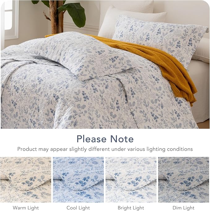 Lady Ann Queen Size Cotton Quilt Sets - Blue and White Floral & Leaves Pattern Botanical Printed Quilted Bedding, 3 Pcs Lightweight Soft Bedspread Sets Queen Coverlet for All Season