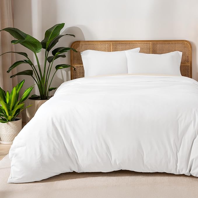 Bare Home 100% Organic Cotton Jersey Duvet Cover Set - Full/Queen Size - Ultra Soft - 100% Cotton - 3pcs - Corner Ties - Button Closure - Envelope Pillowcases (Full/Queen, White)