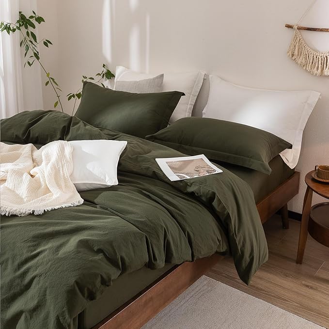 Linen Feel Duvet Cover Twin Size 90inch x 68inch,100% Washed Cotton Duvet Cover with Zipper Closure and One Pillowcases, Color of Olive Green