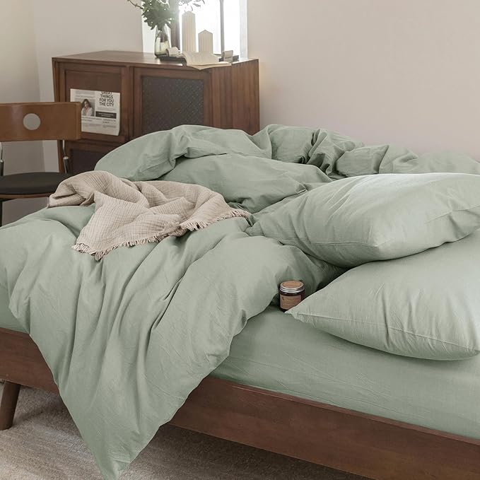 FOSSA Duvet Cover Set 100% Washed Cotton Linen Feel Super Soft Breathable Cozy 3 Pieces Bedding Sets Solid Sage Green Full/Double
