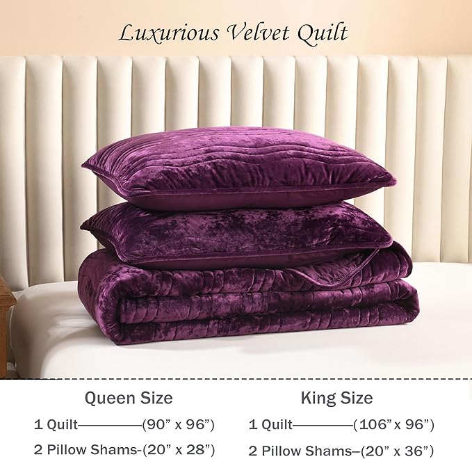 Velvet Quilt, Purple King Size Comforter Set, Luxury Bedding,Soft Plush King Bedspread, Machine Washable Coverlet,All-Season 3 Pieces