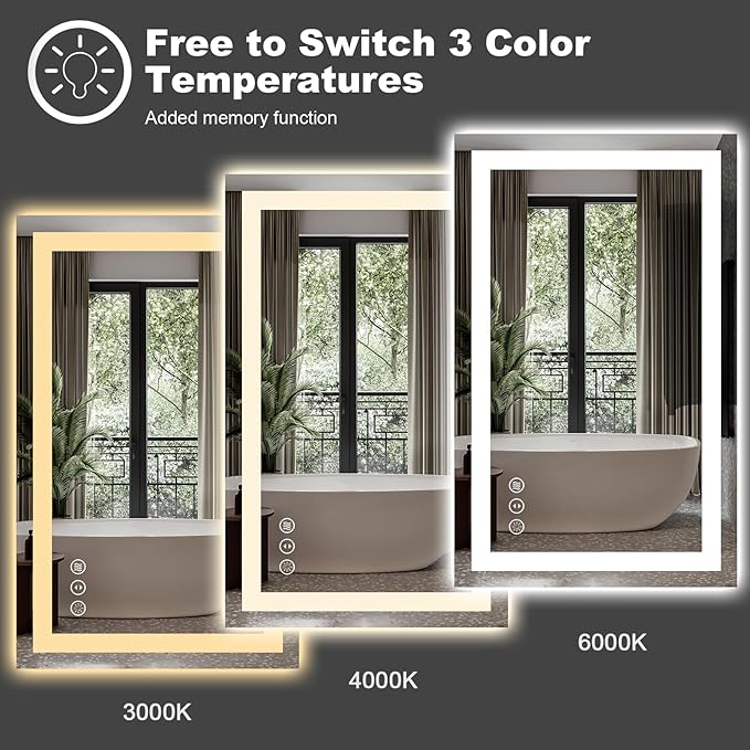 Amorho 50" X36" LED Bathroom Mirror, Front and Backlight, Stepless Dimmable Wall Mirrors with Anti-Fog, Shatter-Proof, Memory, 3 Colors, Double LED Vanity Mirror(Horizontal/Vertical)
